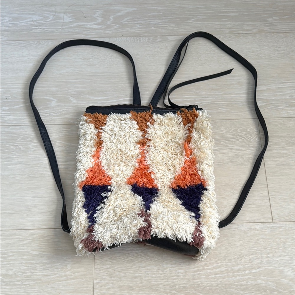 Cleobella Cream Shag Geometric Backpack with Orange, Pink, Navy & Brown Accents - Picture 2 of 12